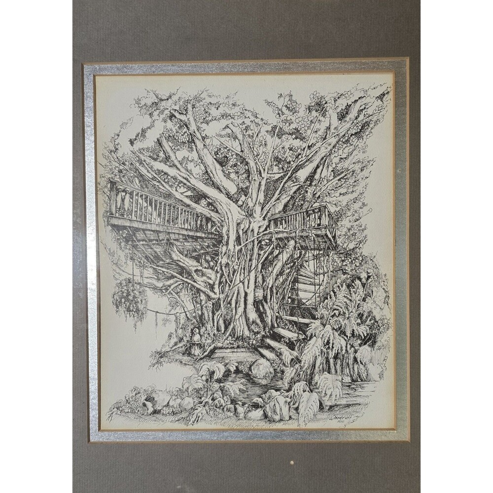 Vintage 1970 Signed Tom Woodruff Pen & Ink Drawing Key West Banyan Treehouse